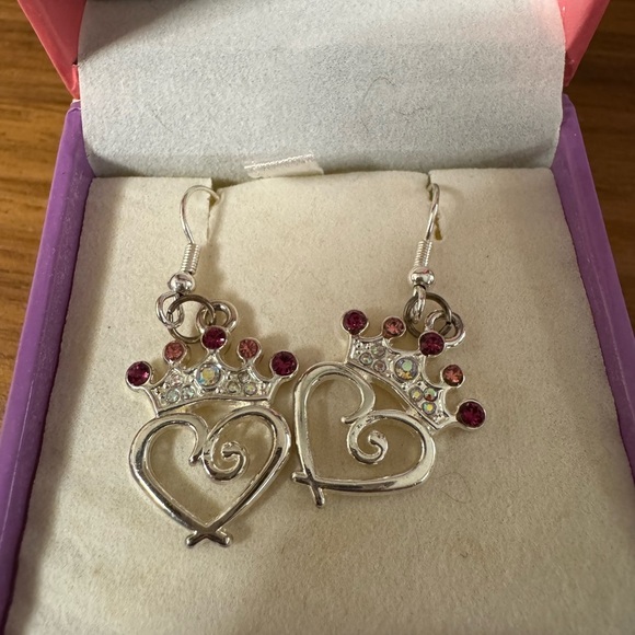 Other - Silver Heart Crown Earrings with Pink Accents